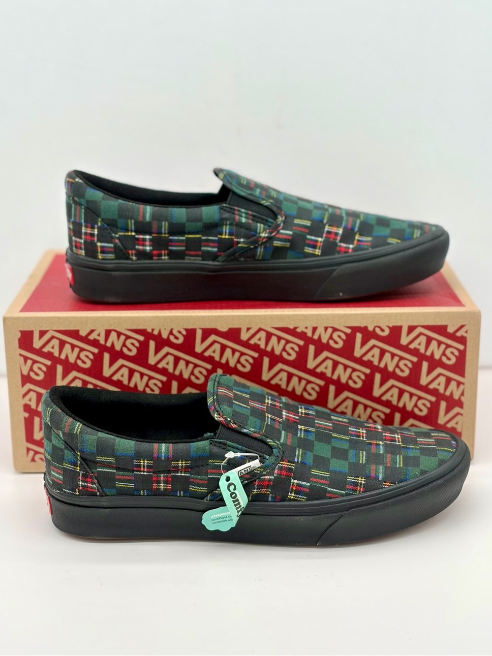 Vans Black & Green Plaid Checker Slip-On Sneakers